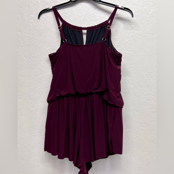 WOMEN'S High Neck Swim Romper with Pockets One Piece Swimsuit - Solid Burgandy - Picture 5 of 12